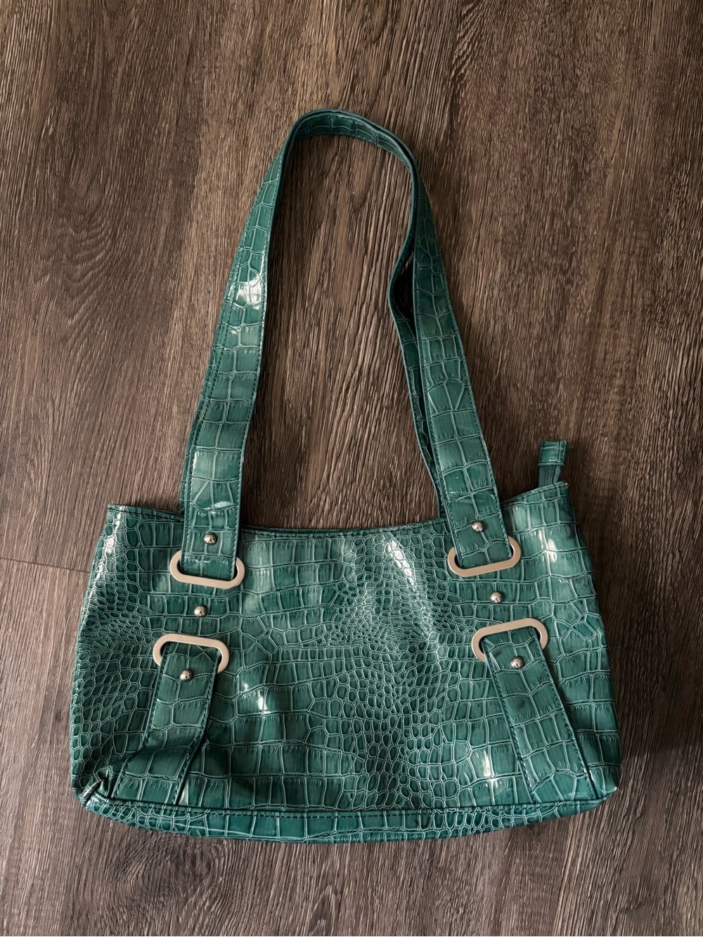 attention Teal Croc-Embossed Shoulder Bag